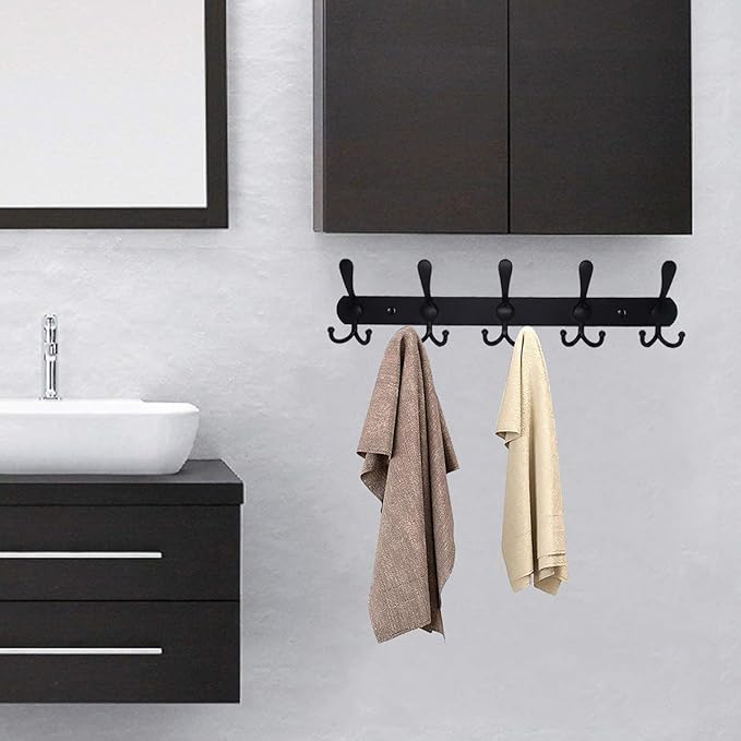 Coat Rack Wall Mounted,5 Tri Stainless Steel Coat Hook for Coat Hat Robes Towel in Mudroom Entryway (Black, 2 Pack 5 Hook)