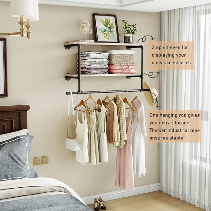 MAIKAILUN Industrial Pipe Clothes Rack with Wood Shelf, 42" Long Wall Mounted Clothing Rack with Hanging Rod for Laundry Room, Heavy Duty Pipe Shelves, Closet Storage, Retail Boutique Display