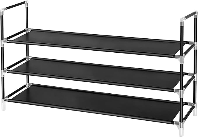 Shoe Rack - 3-Tier Non-Woven Stackable Shoe Shelves for Entryway, Closet, Bathroom 30cm(D) x 92cm(W) x 55cm(H) -Black (3-Tier Non-Woven)