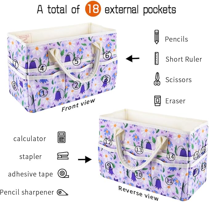 E-WEICHEN Craft Organizer Tote Bag Art Storage Caddy with Multiple Pockets Containers for Art,Craft,and Office Supplies Storage.Purple Campanula