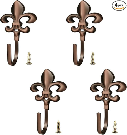 Wall Hooks, 4 Pack Decorative French Fleur De Lis Metal Hooks for Coat, Towel, Curtain Tie Back, Robe, Bag, Heavy Duty Gold Bronze Finish for Bathroom, Bedroom, Entryway(Red Ancient)