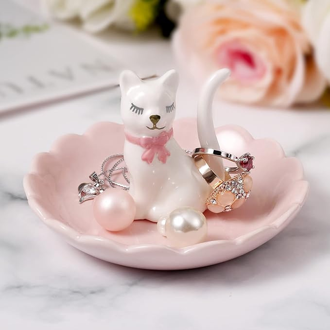 ROSA&ROSE Cat Ring Holder Trinket Tray Ceramic Jewelry Dish Decorative Ring Holder/Trinket Tray Engagement Wedding Birthday Gifts for Women Her (White/Pink)