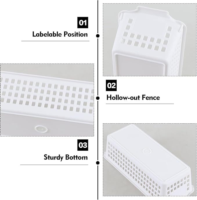 Anbers 4 Pack Slim Storage Baskets for Shelves, Small Plastic Organizing Baskets, White