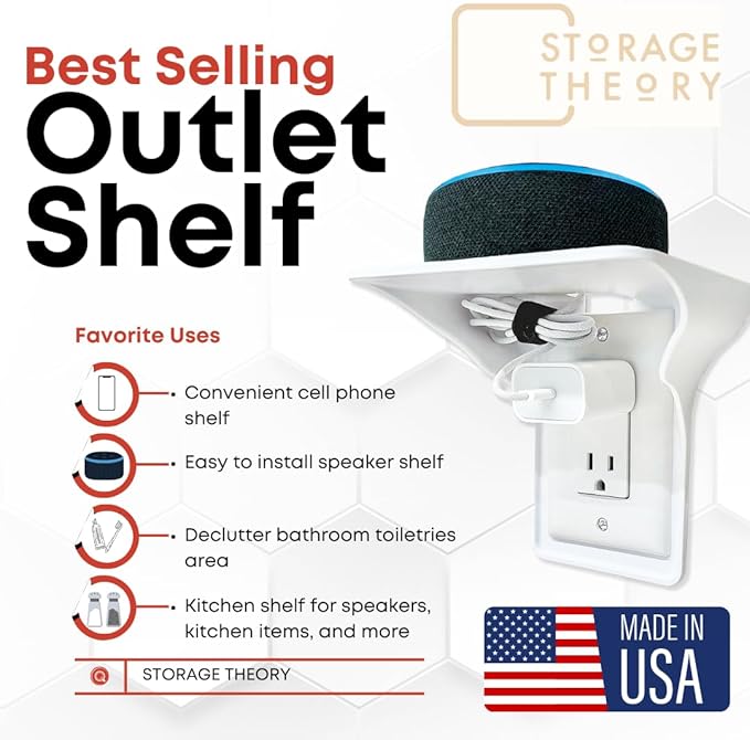 Power Perch Double Wall Outlet Shelf with Cord Storage Strap - Declutter & Reclaim Bathroom Counter Space - Alexa Stand, Apple Homepod Shelf, Toothbrush Holders Wall Mounted - White, 1-Pack