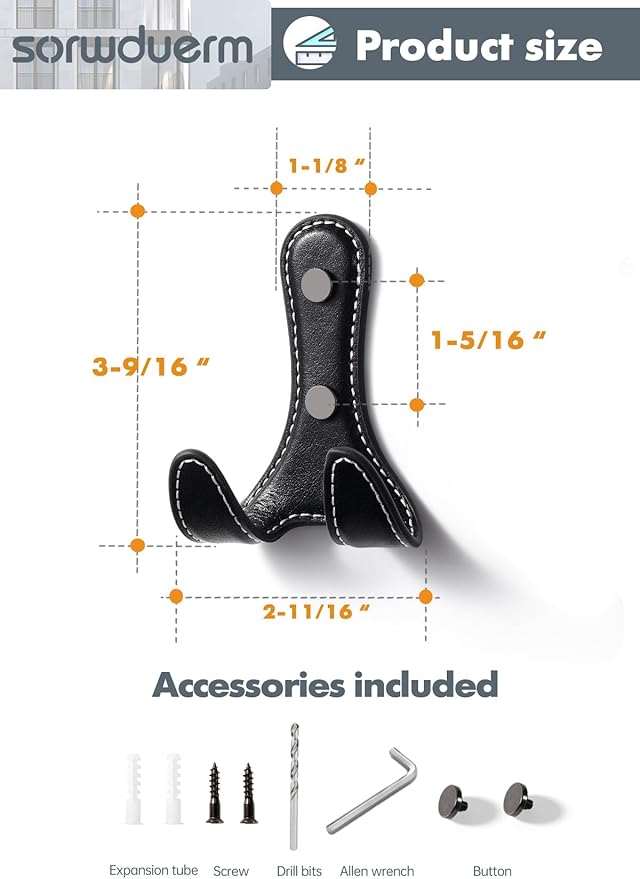 2 Pack Black Leather Coat 2 Hooks Wall for Hanging Round Coat Hooks for Hanging Robe Towels Bags Hats Scarf Keys Clothes Suitable for Bedroom, Entryway and Closet
