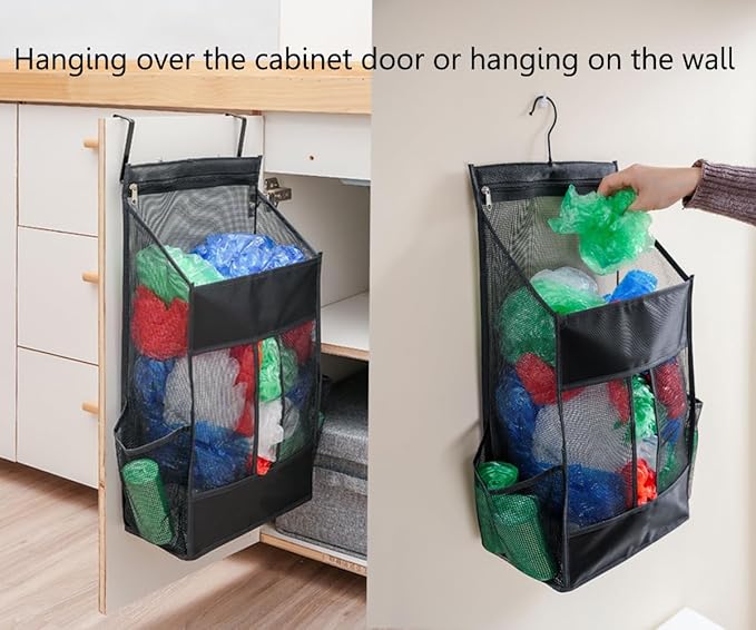 ALYER Hanging Plastic Grocery Bag Holder and Dispenser,Mesh Over the Cabinet Door Organizer with Easy-Access Openings for Kitchen Towel,Bras,Laundry,Installation Free (Blue, 21.7"H * 11.8"W * 5.9"D)