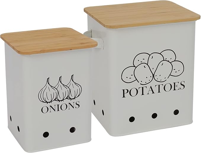 Kitchen Vegetable Storage Tins Set of 2 for Potatoes, Onion, with wooden lid Garlic Bin Caddy, Long Shelf Life-white