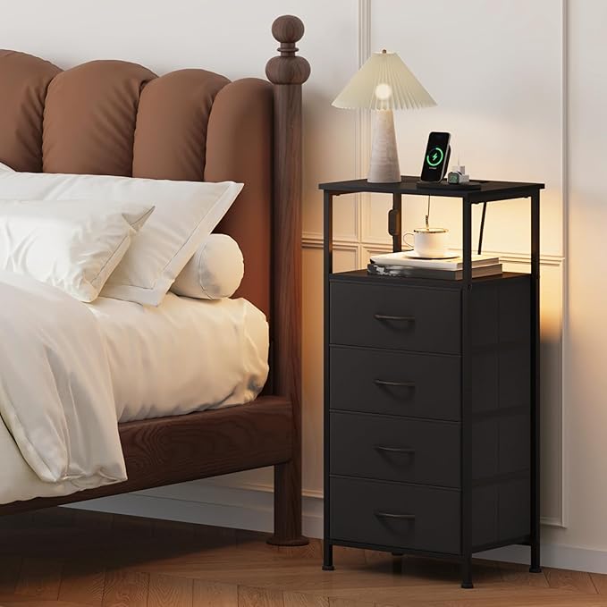 Somdot Black Nightstand with Charging Station and LED Light for Bedroom, Tall 4 Drawers Dresser with Fabric Bins for Bedside Kids Dorm Room Closet Laundry Entryway, Black