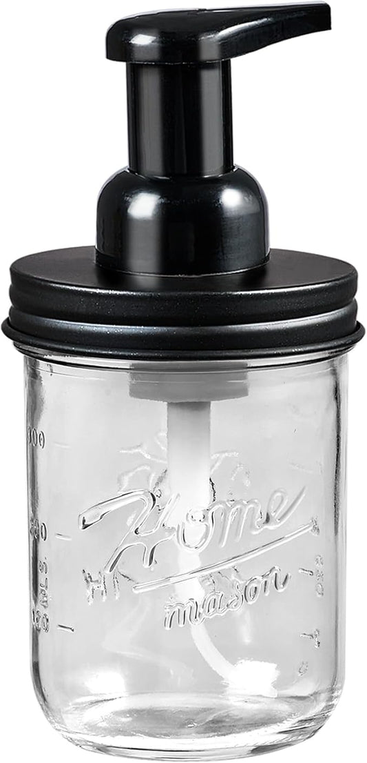 SheeChung Mason Jar Foaming Soap Dispenser, Glass Foaming Hand Soap Dispensers, Stainless Steel Lid, Refillable Foam Soap Dispenser for Bathroom Kitchen, Farmhouse Bathroom Decor (1 Pack, Black)