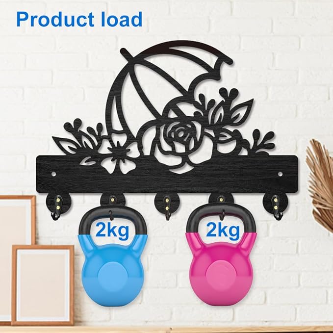 MAYJOYDIY Rose Umbrella Key Holder for Wall Flower Leaves Wall Mounted Key Hooks 11.8×7.9inch Wood Key Hanger Rack with 5 Alloy Hooks for Entryway Front Door Kitchen Office Decoration