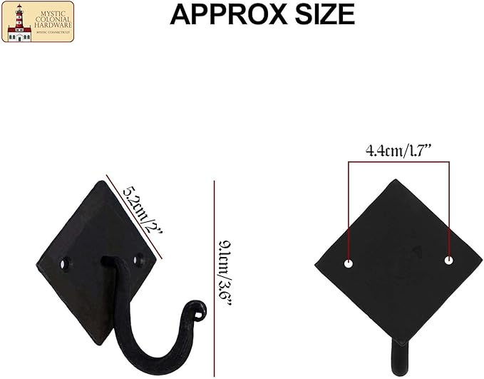 Mystic Colonial Rustic Cast Iron Wall Hooks, 3.6" Heavy Duty Coat Hooks for Coat, Bag, Towel, Hat & Robe, Mounting Hardware Included, Black, Pack of 10