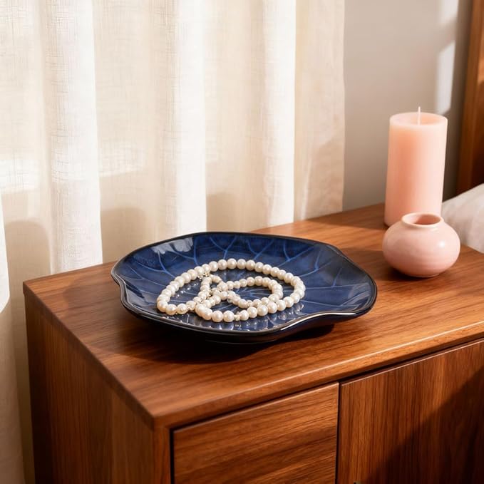 Blue Lotus Leaf-Shape Ceramic Decorative Tray, Navy Blue Decor Pottery Key Bowl, Candy Dish, Small Jewelry Trinket Tray for Bedroom, Centerpiece, Bedside Table, Living Room, Entryway Table (Blue)