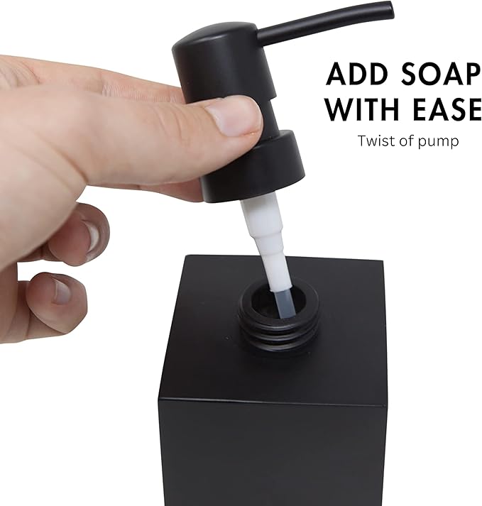 Matte Black Square Soap Dispenser for Kitchen & Bathroom – 15 oz Refillable Resin Pump Bottle for Dish Soap, Hand Soap, Shampoo, Conditioner – Modern Countertop Dispenser with Non-Slip Protective Pads