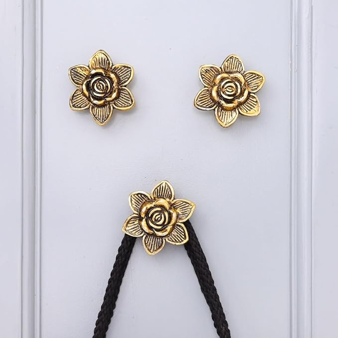 Indian Shelf 3 Pieces Boho Rose Flower Decorative Wall Hooks Gold Floral Vintage Coat Hooks for Hanging Things, Towels, Purse, Bags, Backpack