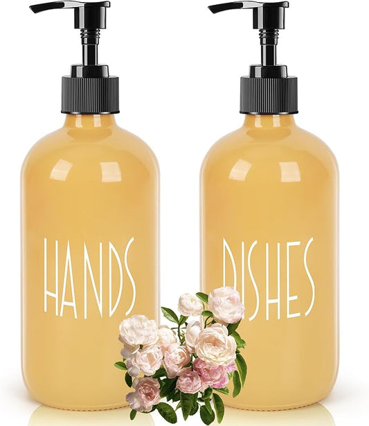 Glass Soap Dispenser with Plastic Pump for Kitchen - 16 OZ Glass Hand Soap Dispenser Set - Kitchen Bathroom Decor and Accessories (Yellow)