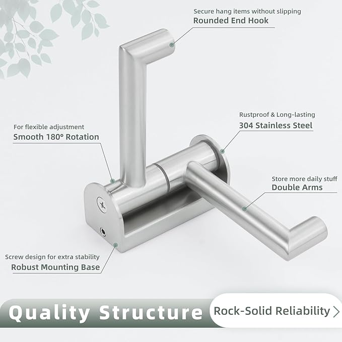 Brushed Nickel 2 Pack Swivel Coat Hooks, 304 Stainless Steel Foldable Towel Hooks with 2 Rotating Arms, Wall Mounted