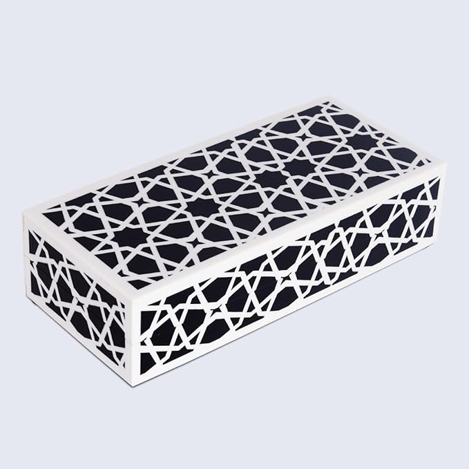 Handicrafts Home Decorative Storage Box with Lid– Black and White Box, Coffee Table Remote Control Organizer, Geometric Keepsake Box for Living Room, Shelf & Hallway Decor – Moroccan Zellij 10x4.5x2.5