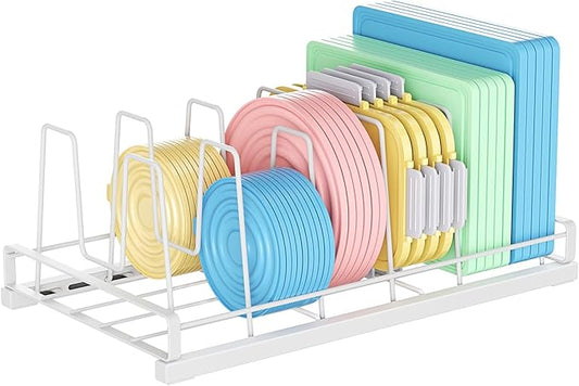 Food Container Lid Organizer, 6 Removable Adjustable Dividers Metal Rack - Storage for Plastic Lids, Pots, Bakeware, Fit for Cabinets, Cupboards, Pantry, Drawers (White)