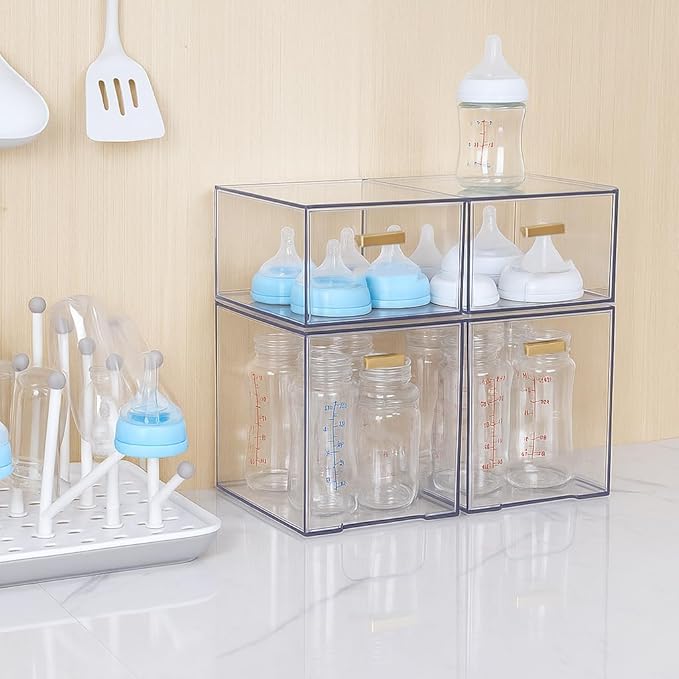 Clear Stackable Drawer Organizer, 4 Pack Acrylic Storage Drawers with Pull-Out Design, Space-Saving Organizer for Bathroom, Vanity, Kitchen & Office