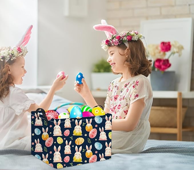 Rectangular Easter Basket for Kids & Baby - Cute Toy Storage Bin, Organizer Shelf, Book Basket & Room Decor (Dark Blue Easter)