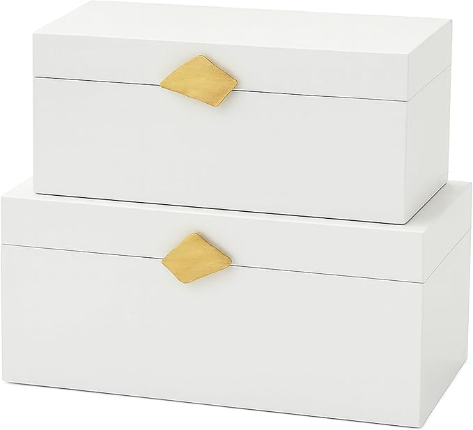 Vintiquewise Set of 2 Decorative Wooden Storage Boxes with Gold Accent – Boxes for Keys, Jewelry, Makeup, Accessories, Crafts, Gadgets, Home Office, Living Room, Bedroom & Entryway Décor, White