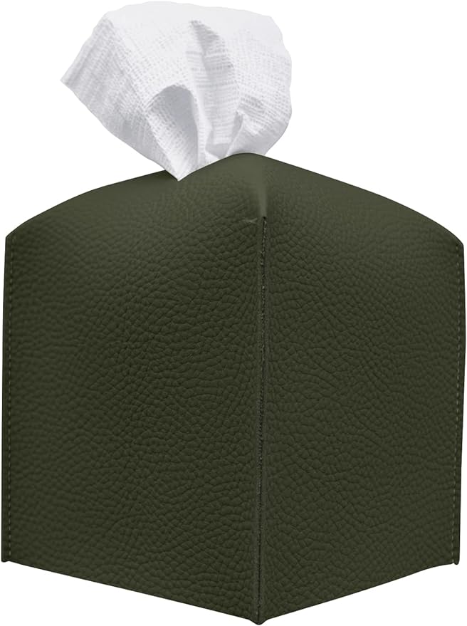 Carrotez Tissue Box Cover, [Refined] Modern PU Leather Square Tissue Box Holder - Decorative Holder/Organizer for Bathroom Vanity Countertop, Night Stands, Office Desk & Car 5"X5"X5" - Khaki