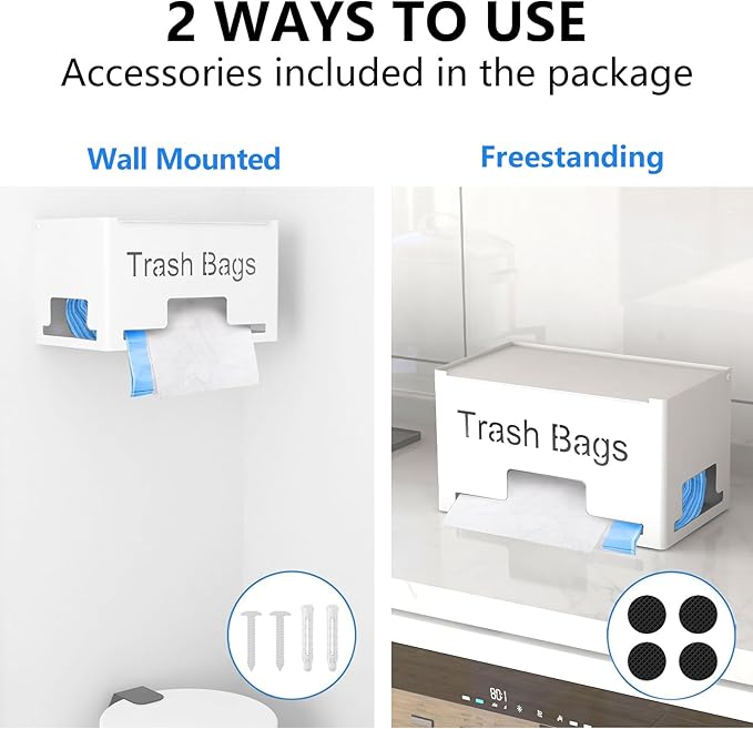 Large Trash Bag Holder Dispenser, Metal Garbage Bag Dispenser Roll Holder, Kitchen Trash Storage Organizer for Under Sink, Wall Mounted or Countertop, White