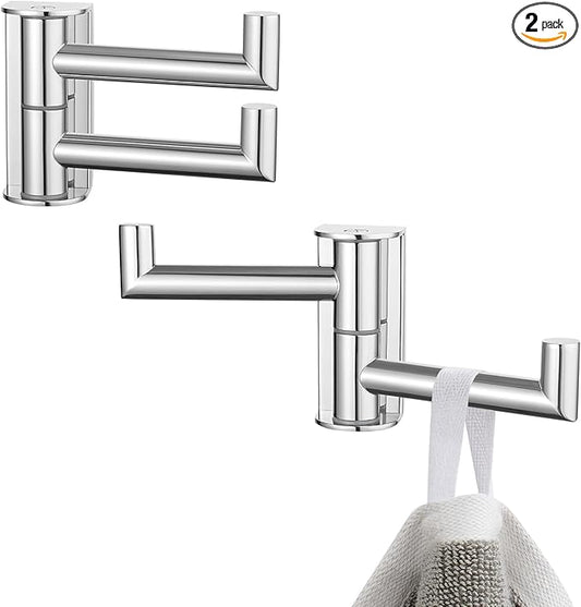 Polished Chrome Swivel Towel Hooks 2 Pack, 304 Stainless Steel Wall Mounted Foldable Double Coat Hooks, Max 11lbs Heavy Duty Bathroom Hand Towel Holders