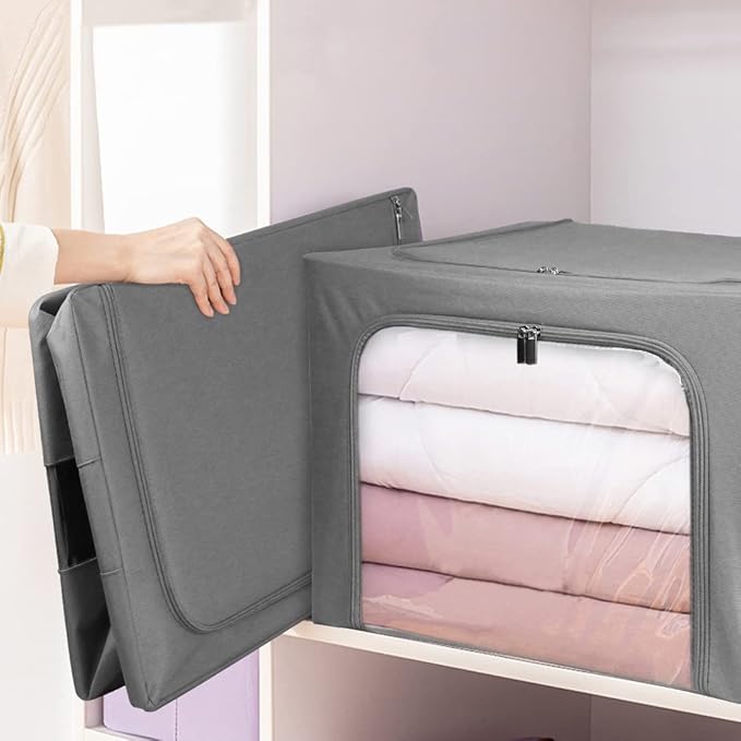Stackable Clothes Storage Box for Clothing Gadgets,Steel Frame Storage Bins for Toys Gift,Foldable Oxford Fabric Closet Organizer Bag Set with Carry Handles Clear Window (Large- 66L x3 Pack, Grey)
