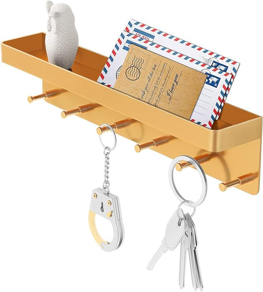 MKO Key Holder for Wall, Mail Organizer and Key Rack with Tray for Hallway, 6 Key Hooks Wall Mount Adhesive(Gold)