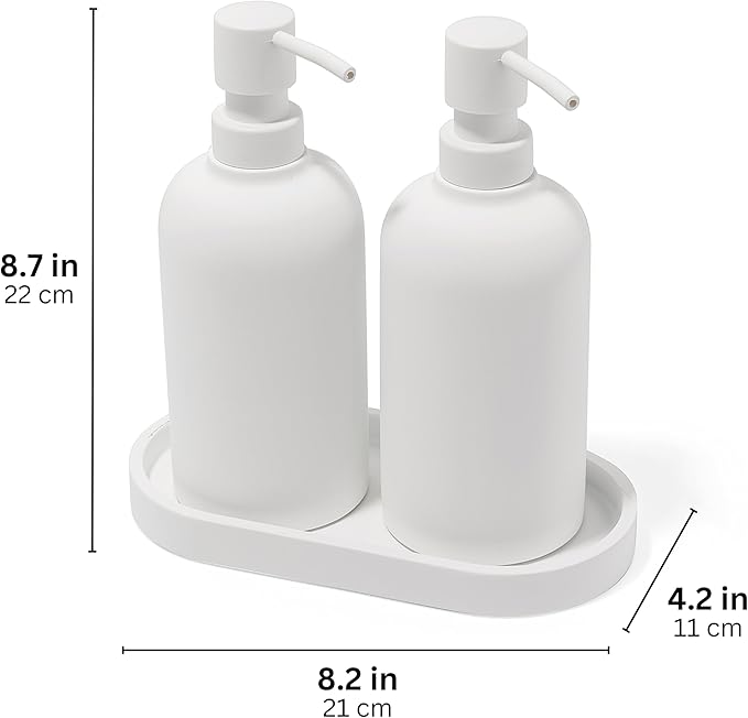 Matte White Round Soap Dispenser Set with Tray for Kitchen, Countertop & Bathroom – 2 Pack 15 oz Refillable Resin Pump Bottle for Dish Soap, Hand Soap, Shampoo, Conditioner – Non-Slip Protective Pads
