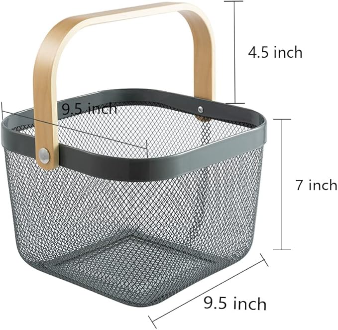 Mesh Steel Storage Organizer Basket Fruit Basket Bin with Wood Handle Ideal for Kitchen Bathroom Picnic Baskets Pantry Cabinets Storage Home Decor (Cold Gray)