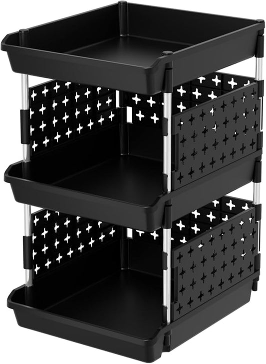 Lifewit Plastic Stackable Storage Baskets, 3 Tier Stacking Bins for Food and Clothes, Multifunctional Organizer for RV, Kitchen, Playroom, Pantry, Black, 35 x 30 x 50 cm/14 x 12 x 20 inch, 1 Pack
