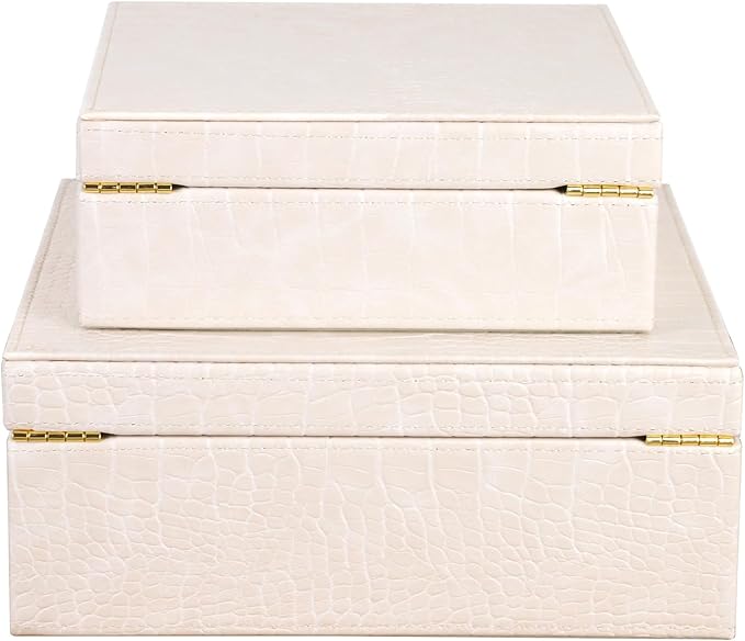 HofferRuffer Square Decorative Boxes, Set of 2 Nesting Storage Memory Keepsake Boxes with Lids, Stylish PU Leather Trinket Jewelry Organizer Box for Home Decor and Storage (CreamWhite Croco)