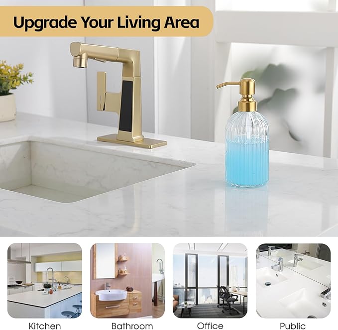 Gold Refillable Glass Kitchen Soap Dispenser,16oz Bathroom Soap Dispenser with Vertical Strip,Golden 304 Stainless Steel Pump Head, Clear Thick Glass,for Modern Home Decor, Countertop, Hotel
