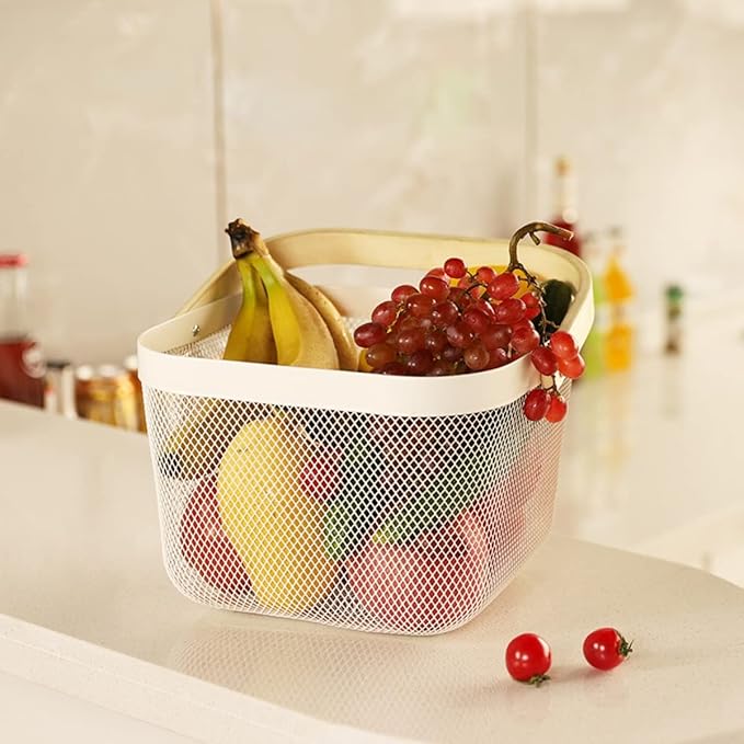 Mesh Steel Storage Organizer Basket Fruit Basket Bin with Wood Handle Ideal for Kitchen Bathroom Picnic Baskets Pantry Cabinets Storage Home Decor (Light Blue)