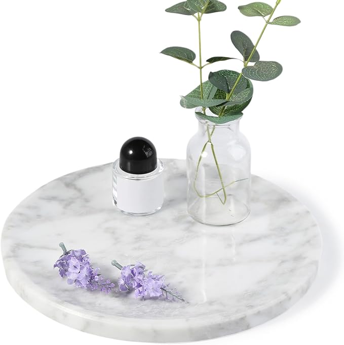 Natural Marble Decorative Tray for Bathroom Bedroom Kitchen Dresser, 9.8â Round Vanity Trays for Jewelry, Perfume, Cosmetic, Candle, Countertop Storage Organizer for Home Decor White, Arabescato