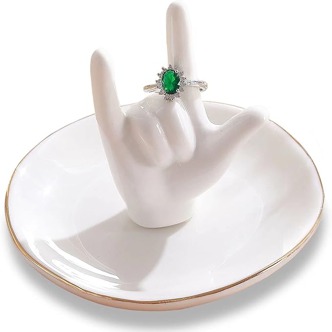 PUDDING CABIN Ring Holder - I Love You Hand, Ceramic Jewelry Dish, Valentine's Day, Wedding, Birthday, Mothers Day Gifts for Women