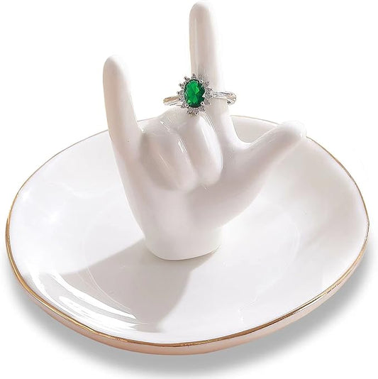 PUDDING CABIN Ring Holder - I Love You Hand, Ceramic Jewelry Dish, Valentine's Day, Wedding, Birthday, Mothers Day Gifts for Women