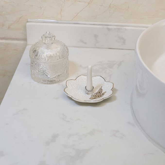 HOME SMILE Ceramic White Mandala Ring Holder,Decorative Jewelry Dish Tray, Engagement Wedding Birthday Valentines's Day Gifts for Women