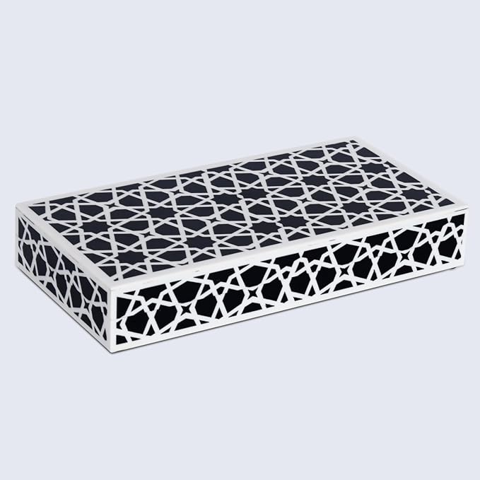 Handicrafts Home Large Decorative Storage Box with Lid – Black and White Coffee Table Storage Box, Decorative Remote Control Holder, Keepsake Box for Living Room & Shelf Decor – Moroccan Zellij 12x6x2