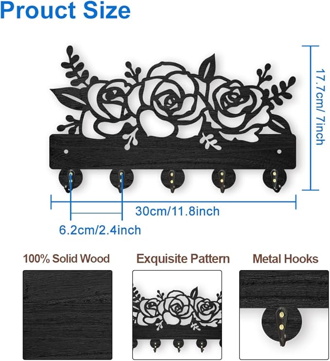MAYJOYDIY Flower Plant Coat Hooks Wall Mounted 11.8×7inch Rose Flower Wood Key Holder for Wall Decorative Key Rack Hanger with 5 Alloy Hooks Key Hooks for Entryway Home Decor Mother's Day Gift