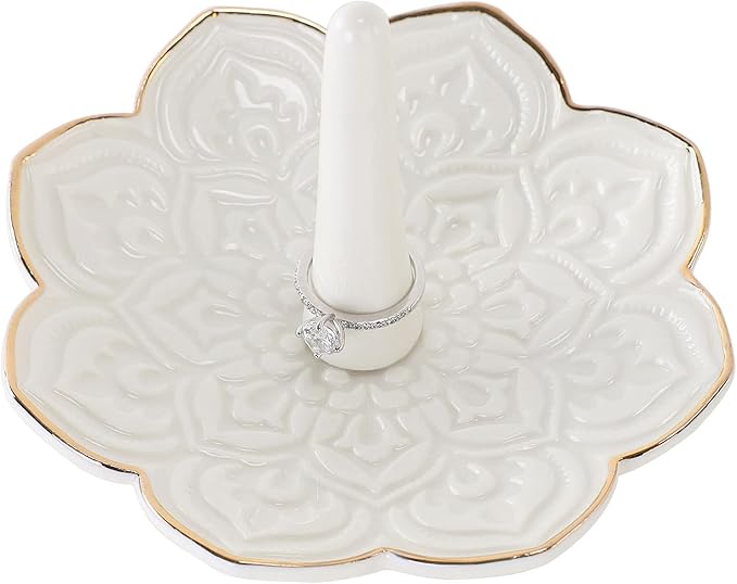 HOME SMILE Ceramic White Mandala Ring Holder,Decorative Jewelry Dish Tray, Engagement Wedding Birthday Valentines's Day Gifts for Women