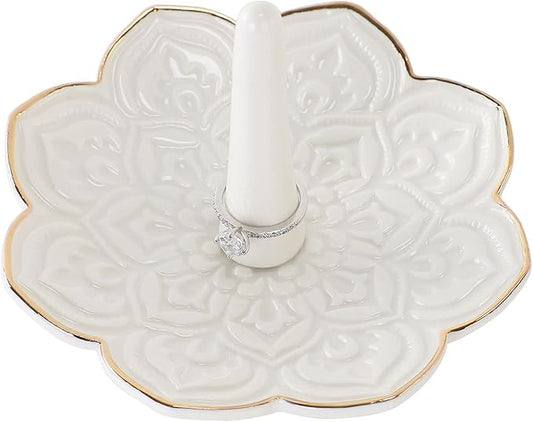HOME SMILE Ceramic White Mandala Ring Holder,Decorative Jewelry Dish Tray, Engagement Wedding Birthday Valentines's Day Gifts for Women