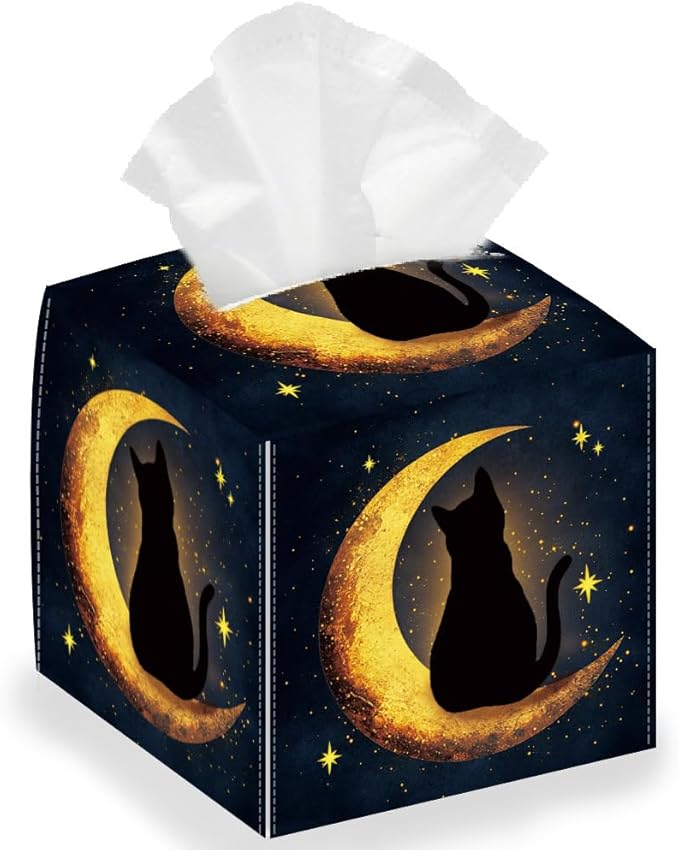 Moon Cat Tissue Box Holder, Starry Sky Square Tissue Box Cover Foldable Tissue Storage Box Waterproof Paper Towel Case Container Organizer Tissue Box Holder for Bedroom Office Car
