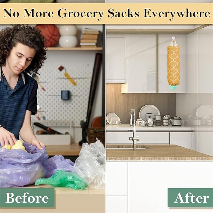 Plastic Bag Holder, Washable Grocery Bag Holder for Plastic Bags Storage Dispenser with Hanging Loop, Wall Mount Trash Bags Dispenser for Home Kitchen Cabinet