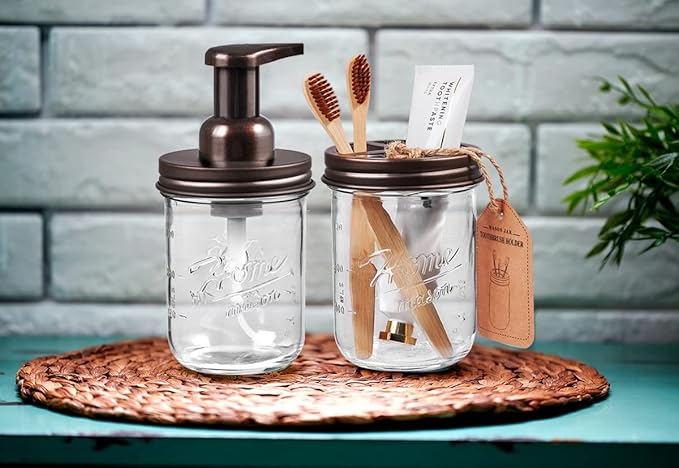 SheeChung Mason Jar Foaming Soap Dispenser, Glass Foaming Hand Soap Dispensers, Stainless Steel Lid, Refillable Foam Soap Dispenser for Bathroom Kitchen, Farmhouse Bathroom Decor (2 Pack, Bronze)