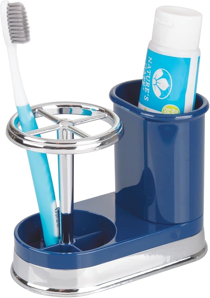 mDesign Decorative Bathroom Dental Storage Organizer Holder Stand for Electric Spin Toothbrush/Toothpaste - Compact Design for Countertop and Vanity, Holds 4 Standard Brushes - Navy Blue/Chrome