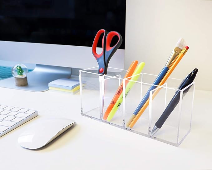 Isaac Jacobs 4-Compartment Clear Acrylic Organizer- Makeup Brush Holder- Storage Solution- Office, Bathroom, Kitchen Supplies and More (Clear)