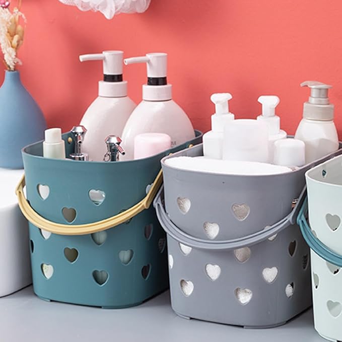 NUOBESTY Heart-shaped Portable Bathroom Storage Basket, Plastic Shower Caddy with Handle, Hollow-out Drainage Organizer for Bathroom and Dormitory Storage